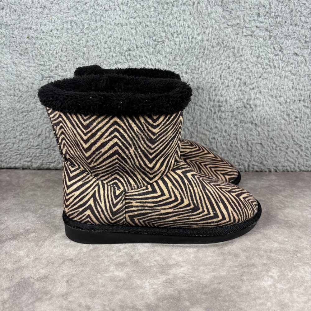 Vera Bradley Slipper Boots Womens Small 5-6 Tan Black Zebra Faux Fur Ankle Cozy
